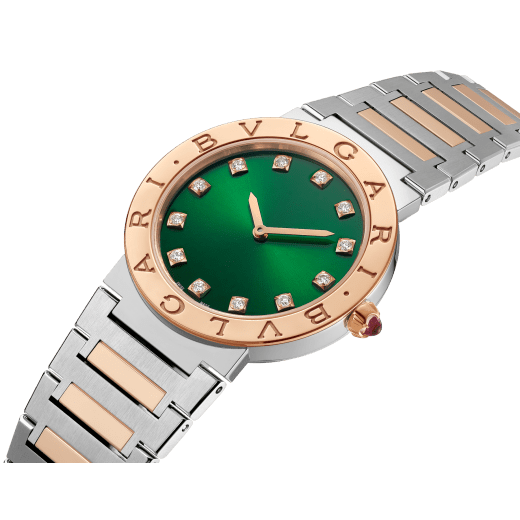 BVLGARI BVLGARI watch in 18 kt rose gold and stainless steel case and bracelet, 18 kt rose gold bezel engraved with double logo, green satiné soleil lacquered dial and diamond indexes 103202 image 2