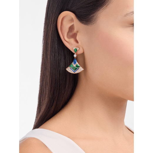 Divas' Dream 18 kt rose gold earrings set with round diamonds, pear-shaped tanzanites, fancy-cut blue sapphires, malachite elements and pavé diamonds 361441 image 1