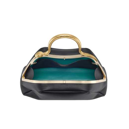Serpentine small top handle bag in black smooth calf leather with emerald green nappa leather lining. Captivating snake body-shaped top handle in gold-plated brass embellished with engraved scales and red enamel eyes, press button closure and light gold-plated brass hardware. SRN-1268a image 4