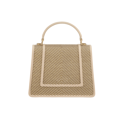 Serpenti Forever medium top handle bag in gold and ivory chévron fabric with ivory nappa leather lining. Captivating snakehead magnetic closure in light gold-plated brass embellished with ivory opal enamel and light gold-plated brass scales, and black onyx eyes. SEA-1282-W image 3