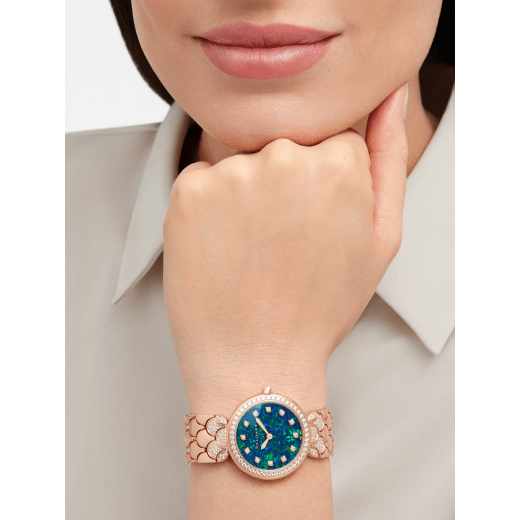 DIVAS’ DREAM 腕錶，18K 玫瑰金錶殼和錶帶鑲飾明亮型切割鑽石，藍色蛋白石錶盤，12 個鑽石時標。防水深度 30 公尺。 103646 image 4