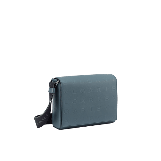 BULGARI Man small messenger bag in ivy onyx grey smooth and grainy metal-free calf leather with Olympian sapphire blue regenerated nylon (ECONYL®) lining. Dark ruthenium-plated brass hardware, hot stamped BULGARI logomania motif and magnetic flap closure. BMA-1213-CLb image 2