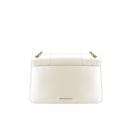 “Serpenti Forever” shoulder bag in white agate calf leather with a varnished and pearled effect. Iconic snake head closure in light gold-plated brass enriched with black and pearled white agate enamel and black onyx eyes. 290273 image 3