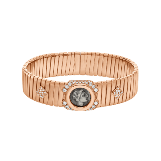 Monete 18 kt rose gold bracelet set with an ancient coin and pavé diamonds. The coins used are in bronze or silver and come from the Mediterranean basin and Europe. Some of them date back to the 5th century B.C., others are from the 5th century A.D. A brief description of each coin's origin is engraved on the reverse of the setting. 356508 image 2
