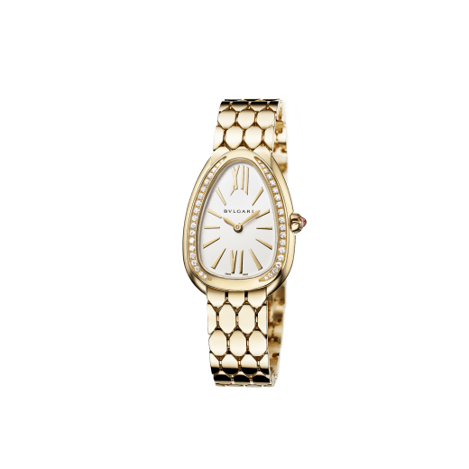 Serpenti Seduttori watch with 18 kt yellow gold case, 18 kt yellow gold bracelet, 18 kt yellow gold bezel set with diamonds and a white silver opaline dial. 103942 image 2