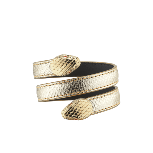 "Serpenti Forever" multi-coiled rigid Cleopatra bracelet in light gold "Molten" karung skin. New double Serpenti head décor in light gold plated brass, finished with red enamel eyes. Cleopatra-MoltenK-LG image 1