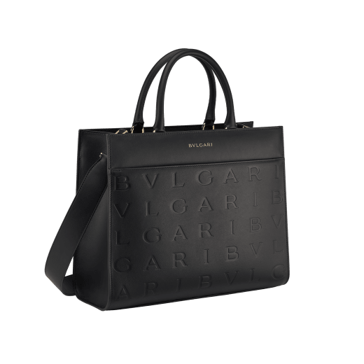 Bulgari Logo medium tote bag in black calf leather with hot-stamped Infinitum pattern on the main body and teal topaz green grosgrain lining. Light gold-plated brass hardware and magnet closure. BVL-1251M-ICL image 6