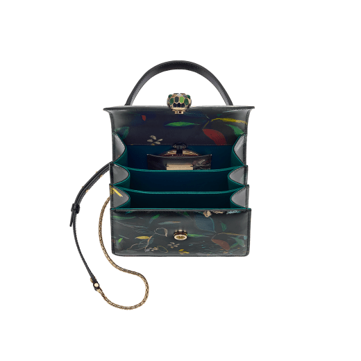 Sophie Kitching x Bvlgari Serpenti Forever Invisible Green small top handle bag in flash diamond white calf leather with multicoloured petals and leaves print envisioned by the artist, and emerald green nappa leather lining. Captivating snakehead magnetic closure in light gold-plated brass embellished with matching multicoloured gemstone scales in the centre and green malachite eyes. Limited Edition. 752-SophieKitching image 4