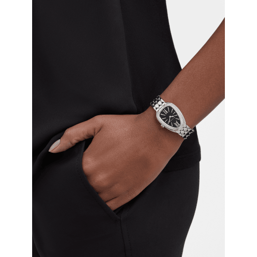 Serpenti Seduttori watch with stainless steel case set with diamonds, black lacquered dial and stainless steel bracelet. Water-resistant up to 30 metres. 103950 image 1
