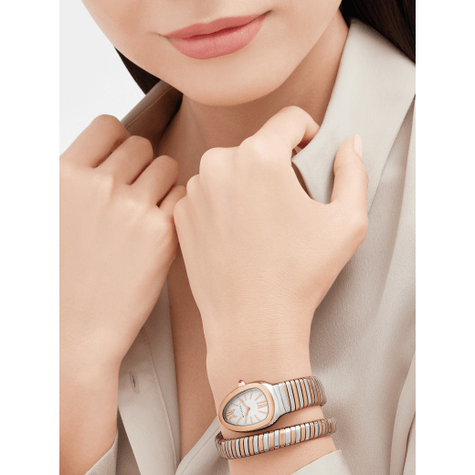 Serpenti Tubogas single-spiral watch in 18 kt rose gold and stainless steel with white opaline dial with guilloché soleil treatment. Water-resistant up to 30 meters. 103708 image 3