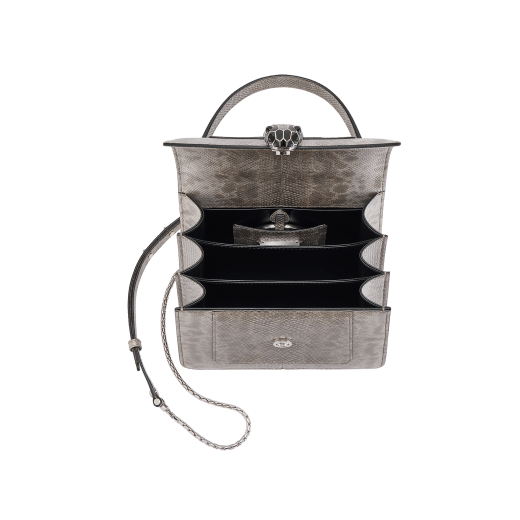 “Serpenti Forever ” top handle bag in Forest Emerald green shiny karung skin with Zircon bay blue gros grain internal lining. Iconic snakehead closure in light gold plated brass enriched with black and white agate enamel and green malachite eyes 1122-SK image 4