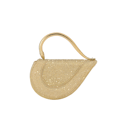 Serpenti Cuore 1968 top handle bag with gold Neige Pavé Crystals applied on a suede base and bright travertino nappa internal lining. Captivating snake body-shaped top handle in gold-plated brass embellished with engraved scales and zirconia eyes; press-button closure. 295310 image 5