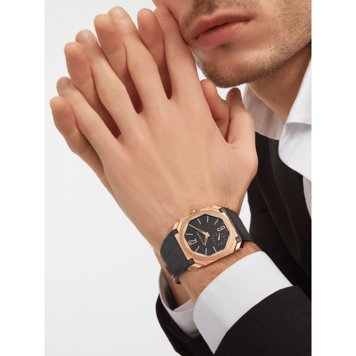 Octo Finissimo Automatic watch with mechanical manufacture movement, automatic winding, platinum microrotor, small seconds, extra-thin 18 kt satin-polished rose gold case, transparent case back, black matte dial and black alligator bracelet. Water-resistant up to 100 metres 103286 image 5