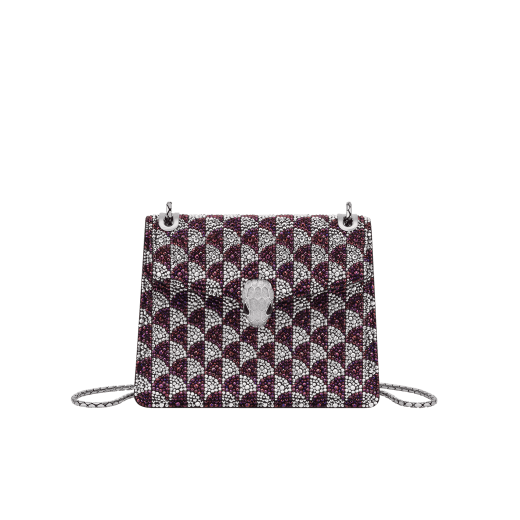Serpenti Forever Day-to-night small shoulder bag in midnight plum and silver Calla Crystals pattern applied on black suede and black nappa leather lining. Captivating snakehead magnetic closure in palladium-plated brass embellished with diamond-cut engraving on the scales, and black onyx eyes. SEA-1281-CALLACRIS image 1