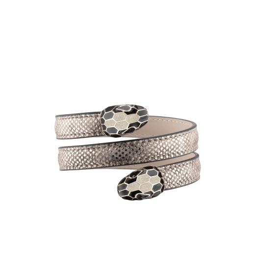 Serpenti Forever Cleopatra multi-coiled bangle bracelet in milky opal beige metallic karung skin. Double snakehead décor in light gold-plated brass embellished with black and glitter milky opal beige enamel scales, and black enamel eyes. Cleopatra-MK-MO image 1