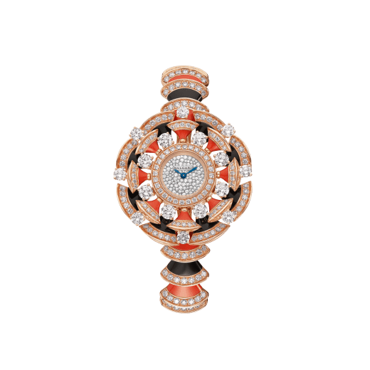 DIVAS' DREAM Uhr mit Gehäuse und Armband aus 18 Karat Roségold, beide mit Diamanten im Brillantschliff, Elementen aus Onyx und roter Koralle, mit Zifferblatt in Neige Pavé-Technik 102422 image 1