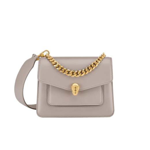 Serpenti Forever Maxi Chain small crossbody bag in foggy opal gray Metropolitan calf leather with linen agate beige nappa leather lining. Captivating snakehead magnetic closure in gold-plated brass embellished with gray agate scales and red enamel eyes. 1134-MCMC image 1