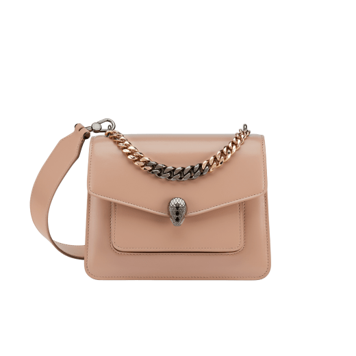 "Serpenti Forever" small maxi chain crossbody bag in peach nappa leather, with Lavander Amethyst lilac nappa leather internal lining. New Serpenti head closure in gold plated brass, finished with small pink mother-of-pearl scales in the middle and red enamel eyes. 1134-MCNa image 1