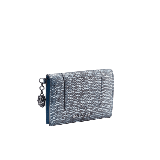"Serpenti Forever" folded card holder in multicolour "Shaded" karung skin and Aquamarine light blue calf leather. Tempting palladium-plated brass snakehead charm, finished with pearled lilac and matte Aquamarine light blue enamel, and black enamel eyes. SEA-CC-HOLDER-FOLD-MKa image 1