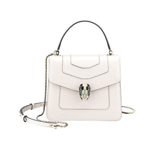Flap cover bag Serpenti Forever in white agate calf leather. Brass light gold plated hardware and snake head closure in black and white enamel with eyes in green malachite. 752-CLa image 1