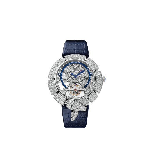 Serpenti Incantati Limited Edition watch with mechanical manufacture skeletonized movement, tourbillon and manual winding. 18 kt white gold case set with brilliant cut diamonds, transparent dial and blue alligator bracelet. 102541 image 1