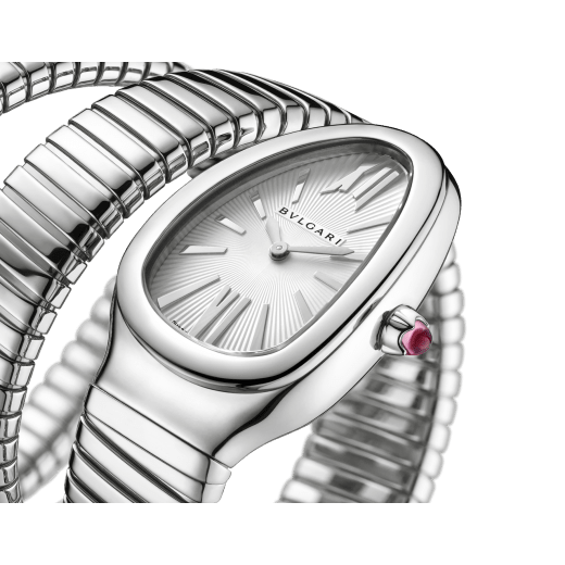 Serpenti Tubogas Uhr mit doppelt geschwungenem Armband, Gehäuse und Armband aus Edelstahl und silberfarbenem Opalin-Zifferblatt. 101911 image 2