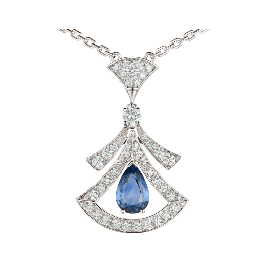 DIVAS' DREAM 18 kt white gold openwork necklace set with a pear-shaped sapphire, round brilliant-cut sapphires, a round brilliant-cut diamond and pavé diamonds. 357325 image 3