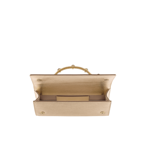 Bvlgari Tubogas Cabochon evening clutch in gold striated calf leather with crystal rose nappa leather lining. Iconic Tubogas handle in gold-plated brass embellished with coloured cabochon hard stones, zirconia and magnetic closure. 295471 image 3