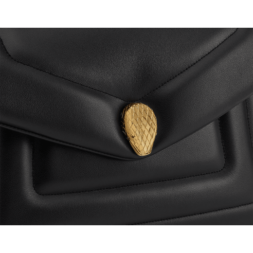 Serpenti Reverse medium shoulder bag in Sahara amber light brown quilted Metropolitan calf leather with taffy quartz pink nappa leather lining. Captivating snakehead magnetic closure in gold-plated brass embellished with red enamel eyes. 1223-MCL image 5