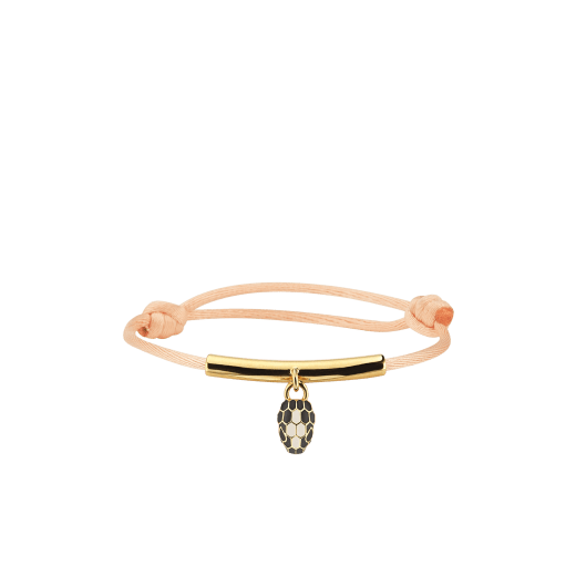 "Serpenti Forever" bracelet in Rose Gold pink fabric, with a gold-plated brass plate. Iconic snakehead charm enameled in black and white agate, with seductive black enamel eyes. SERP-MINISTRINGa image 1
