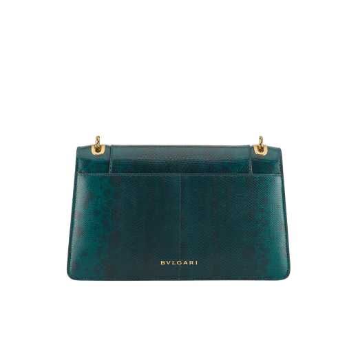 Serpenti Forever medium shoulder bag in forest emerald shiny karung with black nappa leather lining. Captivating snakehead magnetic closure in gold-plated brass embellished with forest emerald enamel and gold-plated brass scales, and black onyx eyes. 295625 image 2