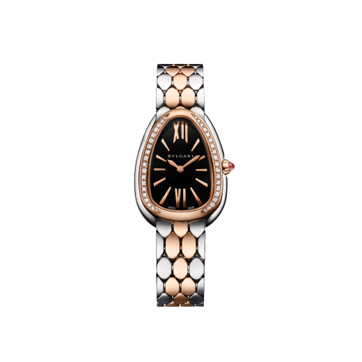 Serpenti Seduttori watch with stainless steel case, 18 kt rose gold bezel set with 38 round brilliant-cut diamonds, black lacquered dial, stainless steel and 18 kt rose gold bracelet with folding buckle. Water-resistant up to 30 metres 103951 image 1