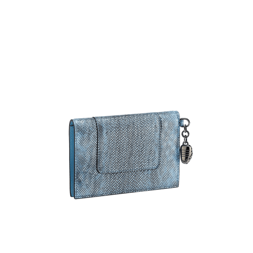 "Serpenti Forever" folded card holder in multicolour "Shaded" karung skin and Aquamarine light blue calf leather. Tempting palladium-plated brass snakehead charm, finished with pearled lilac and matte Aquamarine light blue enamel, and black enamel eyes. SEA-CC-HOLDER-FOLD-MKa image 3