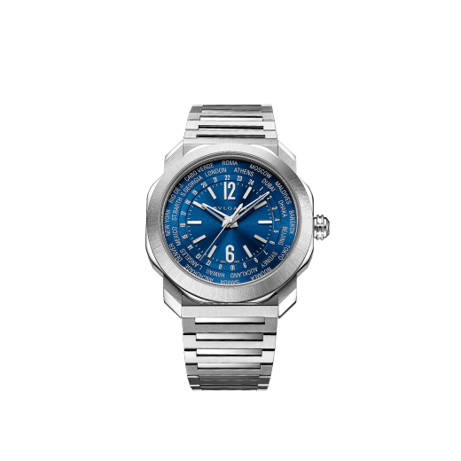 OCTO ROMA World Timer Men watch, Mechanical manufacture movement BVL 257 with automatic winding, hours, minutes, seconds, 24 time-zones and 24-hours indicator. 41 mm, satin-brushed and polished stainless steel case and bracelet with triple-blade folding clasp, steel screw-down crown set with ceramic decoration, transparent case back. Blue sunburst dial. Power reserve 42 hours .Water-resistant up to 100 metres 103481 image 1