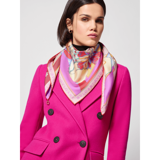 Roman Wonders scarf in fine royal ruby red and lilac printed silk twill. Made of 100% silk twill. ROMANWONDERS-SC image 1