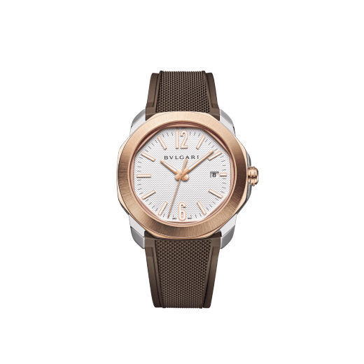 Octo Roma watch in stainless steel with additional interchangeable brown rubber strap, 18 kt rose gold bezel and grey Clous de Paris dial. Mechanical manufacture movement with automatic winding. Water-resistant up to 100 metres. 103928 image 5