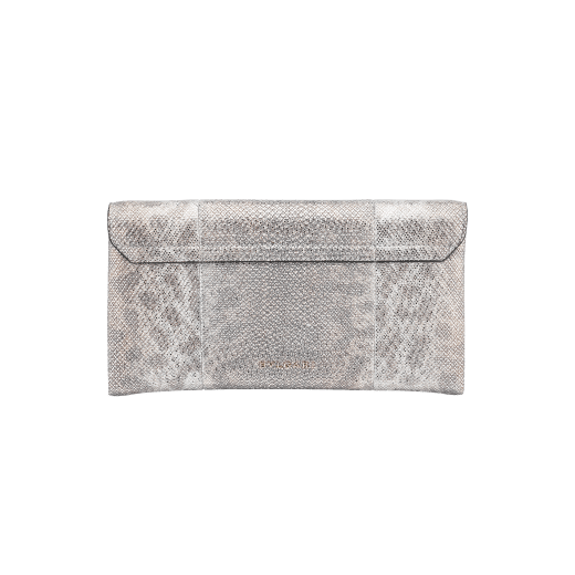 Serpenti evening clutch in milky opal metallic karung skin. Snakehead stud closure with tassel in light gold plated brass and top decorated with black and glitter milky opal enamel, and black onyx eyes. 526-001-0817S-MK image 3
