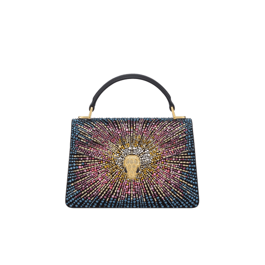 Serpenti Forever mini top handle bag in multigradient Fireworks Crystals with black nappa leather lining. Captivating snakehead magnetic closure in gold-plated brass embellished with diamond-cut engraving on the scales, and black onyx eyes. SEA-001-1283XS-fireworks image 1