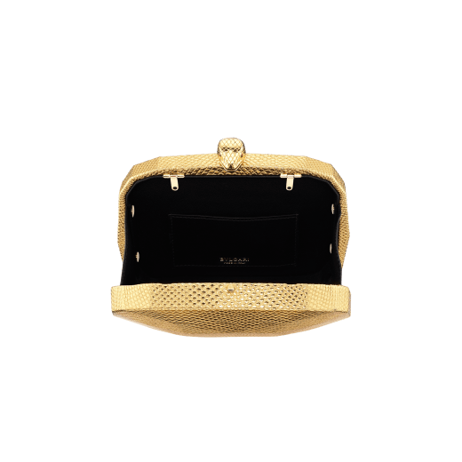 "BVLGARI Cocktail" hard clutch in "Molten" gold karung skin with black nappa leather inner lining. New Serpenti head closure in gold-plated brass complete with ruby-red enamel eyes. 526-BRILLIANTCUT image 2