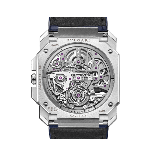 Octo Finissimo Tourbillon Skeleton Chronograph watch with mechanical manufacture ultra-thin movement (3.50 mm thick), automatic winding, single-push chronograph and tourbillon, 43 mm platinum case, openwork dial with grey chronograph counters and blue alligator bracelet. Water-resistant up to 30 metres. 103510 image 4