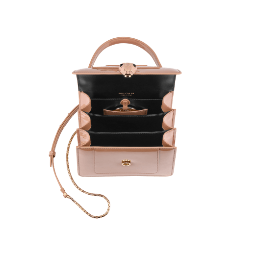 “Serpenti Forever” top-handle bag in agate-white calfskin with a polished, pearly finish and black grosgrain inner lining. Alluring snakehead closure in light gold-plated brass enriched with black and pearly, agate-white enamel and black onyx eyes 1122-VCL image 4