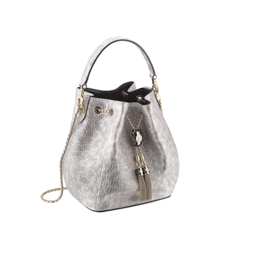Serpenti Forever small bucket bag in milky opal beige metallic karung skin with milky opal beige nappa leather lining. Captivating snakehead closure in light gold-plated brass embellished with black and glitter milky opal beige enamel scales and black onyx eyes. 934-MK image 2