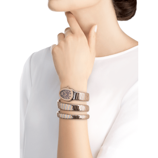 Serpenti Tubogas double spiral watch with stainless steel case, 18 kt rose gold bezel set with brilliant-cut diamonds, brown dial with guilloché soleil treatment, stainless steel and 18 kt rose gold bracelet 103070 image 4