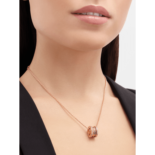 B.zero1 Rock 18 kt rose gold pendant necklace with studded spiral, pavé diamonds on the edges and 18 kt rose gold chain 360248 image 2