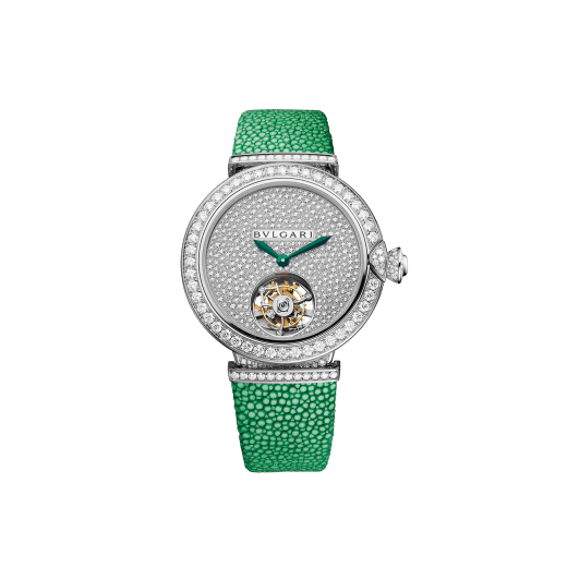 LVCEA Tourbillon Limited Edition watch with mechanical manufacture movement, automatic winding, see-through tourbillon, 18 kt white gold case set with round brilliant-cut diamonds, full-pavé dial with round brilliant-cut diamonds and green colour finish, and green galuchat bracelet 103039 image 1