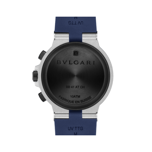 Bvlgari Aluminium Chronograph watch with mechanical manufacture movement, automatic winding and chronograph, 41 mm sandblasted aluminium case, blue rubber bezel and bracelet, and varnish blue dial. Water-resistant up to 100 metres 104234 image 4