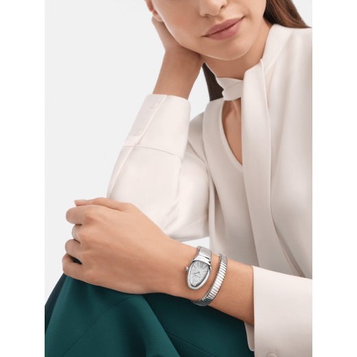 Serpenti Tubogas single spiral watch in stainless steel case and bracelet, with silver opaline dial. Large size. SrpntTubogas-white-dial1 image 1