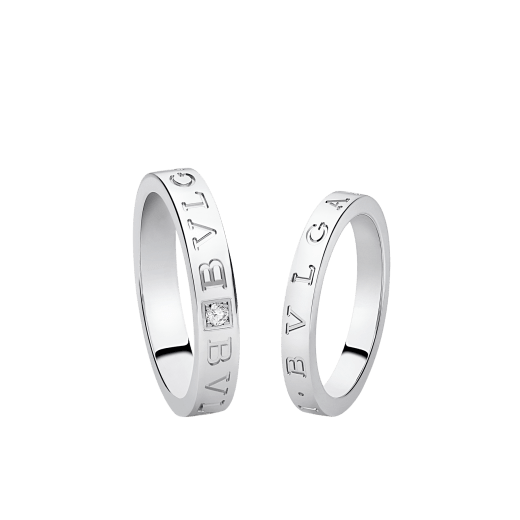 BVLGARI BVLGARI couples' rings, one in 18 kt white gold set with a diamond and one in platinum. A timeless ring set blending modern design with distinctive refinement. BVLGARI-BVLGARI-COUPLES-RINGS-3 image 1