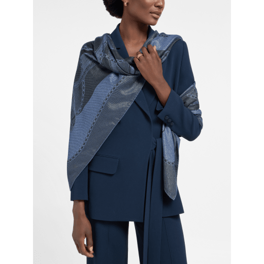 Serpenti 75 Lux scarf in fine navy blue jacquard silk and cashmere. Made of 63% silk, 24% cashmere, 8% metal and 5% polyamide. SERPENTI75-LUX-SQ image 1