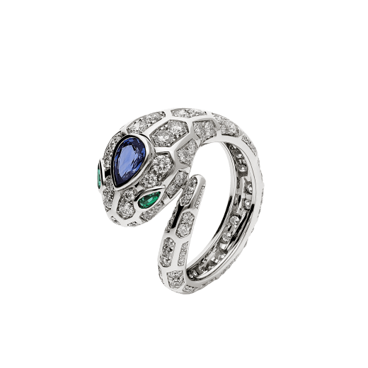 Serpenti 18K 白金戒指，蛇頭鑲飾藍色藍寶石，蛇眼鑲飾祖母綠，綴以密鑲鑽石。 AN858337 image 1